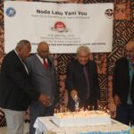 Cutting of the cake at the time of the 25th Anniversary of the Lewe Tolu Va-Kalou congregation with Nigel Bitu, Jim Smith, Rev. Jason Kioa and Isireli Cama.
